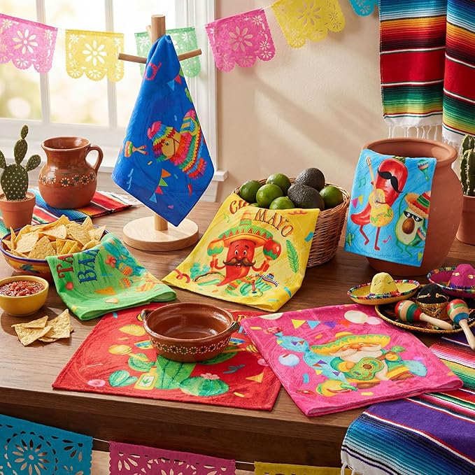 Breling Set of 6 Mexican Kitchen Towels Fiesta Taco Cactus Chili Dish Towel Cinco De Mayo Bathroom Decorative Rustic Cloths Tea Towels for Kitchen Bathroom Home Housewarming Gifts, 14 x 21 Inch