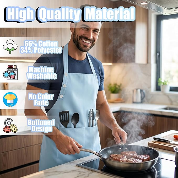 TOSHE Kitchen Apron Waterdrop Resistant Cotton Apron with adjustable Aprons for Women with Pockets 10 Color option Cooking Apron Light Blue (Light Blue)