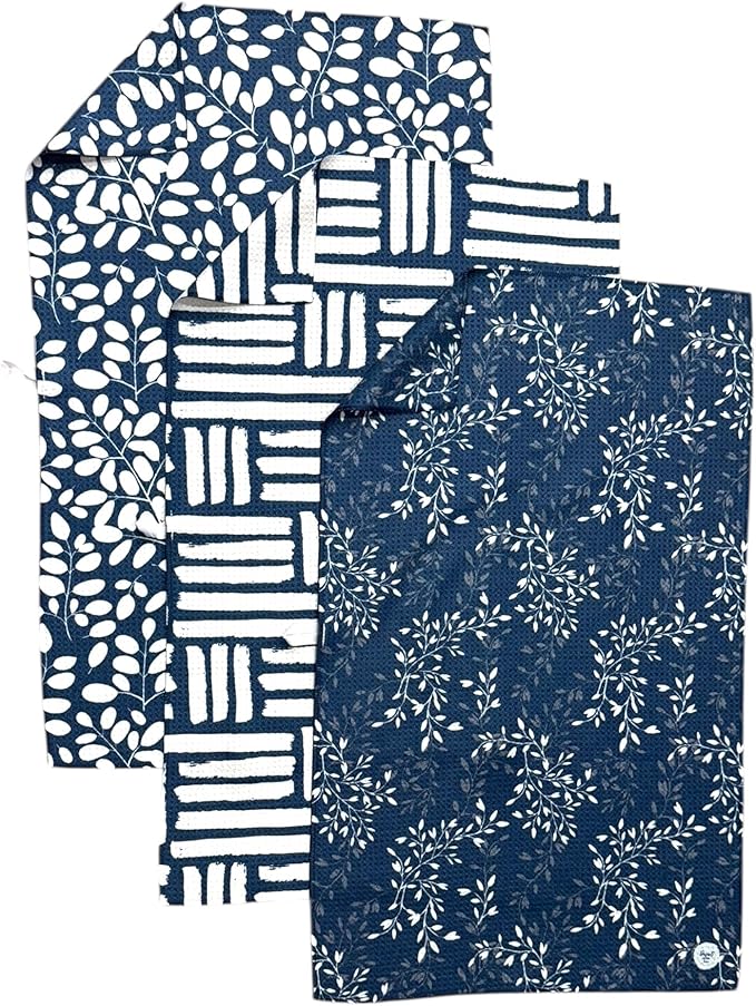 || 3 Pack|| Kitchen Towels || Dish Towels || Tea Towels || Highly Absorbent || Hanging Loop || Dish Cloths || Modern || Designer Prints (Navy/tan)