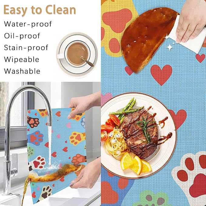 Cute Paws Placemats Set of 6,Dog Cat Table Mates Non-Slip Heat Resistant Washable Linen Place Mats for Party Kitchen Dining Decoration Indoor Outdoor 12"x18"