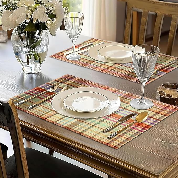 Rustic Colorful Plaid Placemats Set of 6, Vintage Grid Washable Linen Place Mat Heat Resistant Non Slip Kitchen Dining Table Mats 12x18 Inch