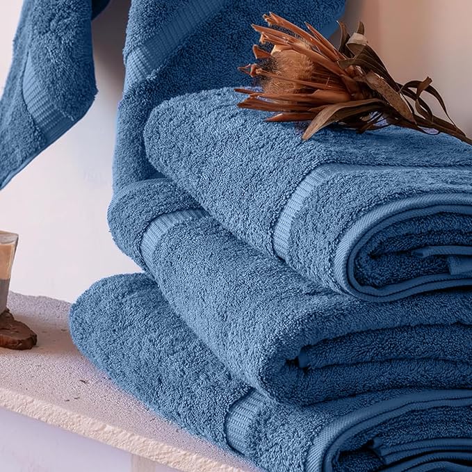 SALBAKOS 100% Turkish Cotton Bath Towels | 4 Piece Turkish Bath Towels Blue 27x54 in Standard Size | Premium Hotel Quality, Super Absorbent, Thick & Plush Turkish Bath Towel (Blue, 4 Bath Towels)
