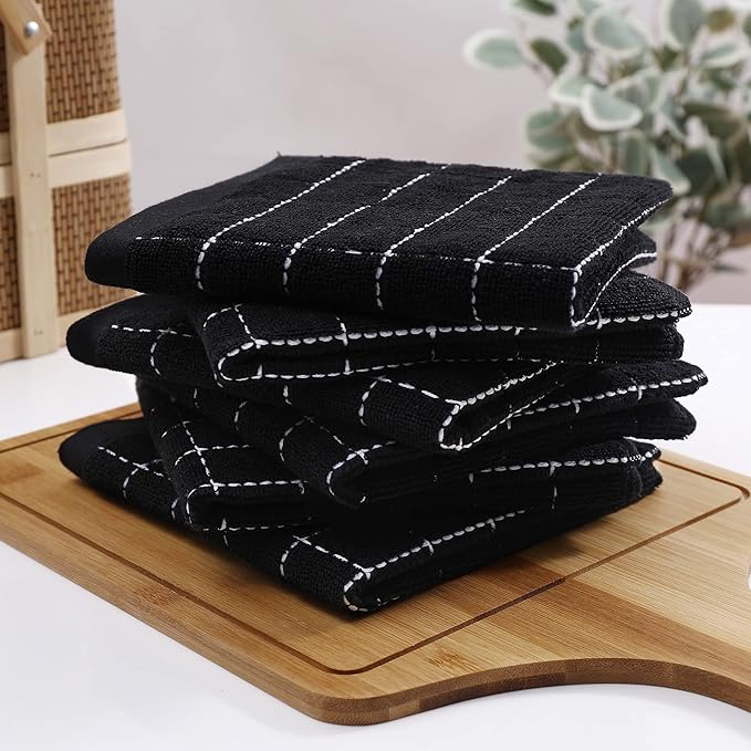 Homaxy 100% Cotton Terry Kitchen Dish Cloths, Ultra Soft and Absorbent Dish Towels for Kitchen, Suitable for Drying and Washing Dishes, 4 Pack, 12 x 12 Inches, Black