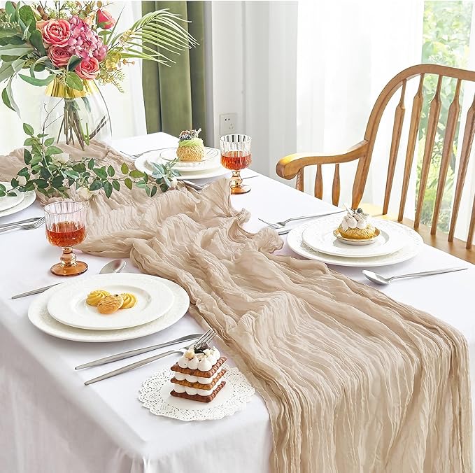 IVAPUPU 2 Pcs Cheesecloth Table Runner - 10ft Nude Spring Boho Gauze Cheese Cloth Table Runners for Baby Shower Decorations Wedding Party Garden Farmhouse