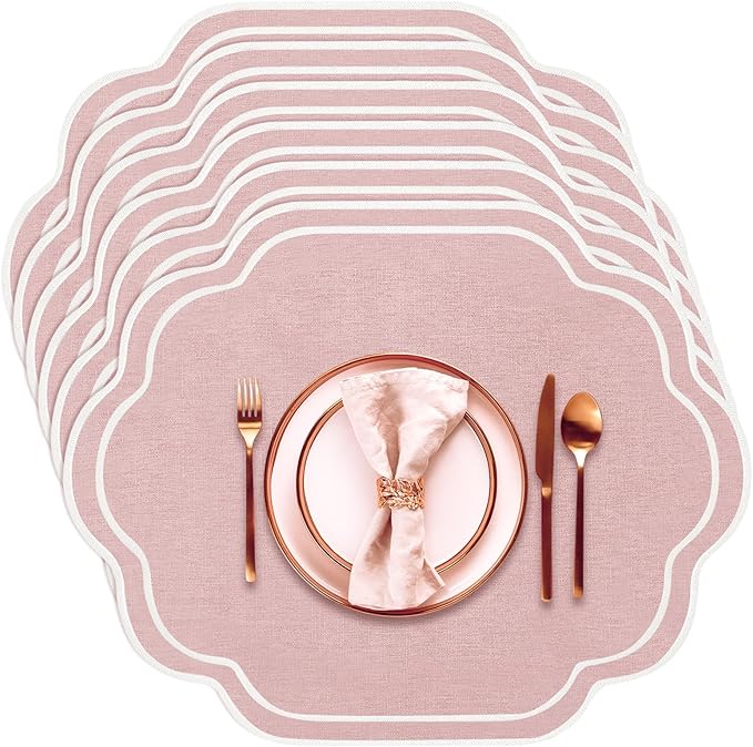 Breling Set of 6 Wedding Placemats Scalloped Embroidered Cotton Linen Placemats 17" x 13" Double Layered Machine Washable Table Place Mat for Party Table Decor(Pink)