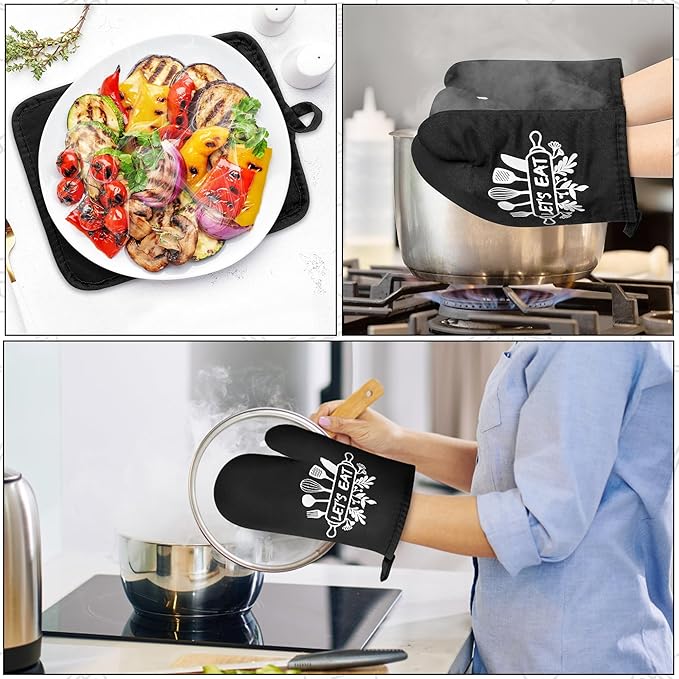 GROBRO7 6Pcs Cotton Oven Mitts Pot Holders Set Let's Eat Heat Resistant Hot Pads Machine Washable Microwave Gloves with Hanging Loop Pocket Potholder for Daily Kitchen Baking Cooking Grilling Black