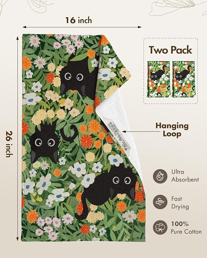 Miss Adola Cotton Kitchen Towels Set of 2 - Cute Design 16×26 Inch Dish Towels for Kitchen with Hanging Loop Black Cats Quick Dry Hand Towels Soft & Absorbent, Home Decorative, Terry Cloth Tea Towels