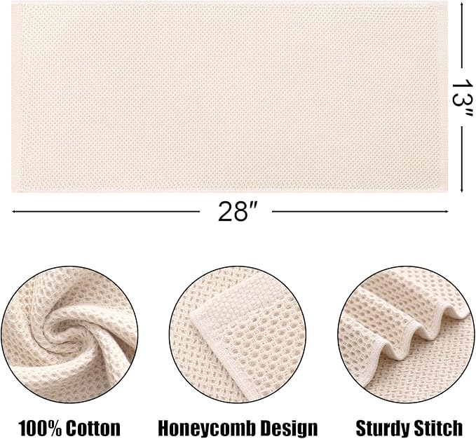 Kitinjoy 100% Cotton Waffle Weave Kitchen Hand Towels (13 x 28 Inches, Beige), 4-Pack Super Soft and Absorbent Dish Towels for Drying Dishes,