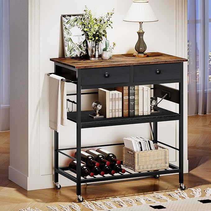 HOOBRO Kitchen Island with Storage, Rolling Island Cart for Kitchen with 2 Drawers & Outlet, 3 Tier Coffee Station and Microwave Stand, Kitchen Island Table for Home, Rustic Brown and Black FB08UZD01