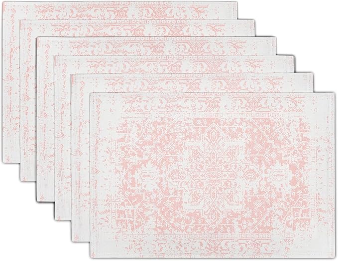 aportt Gray Pink Boho Placemats Set of 6 Ethnic Bohemian Carpet Place Mats Washable Kitchen Dining Vintage Grey Geography Floral Linen Table Mats Stain Heat-Resistant for Home Party Indoor 12x18 in