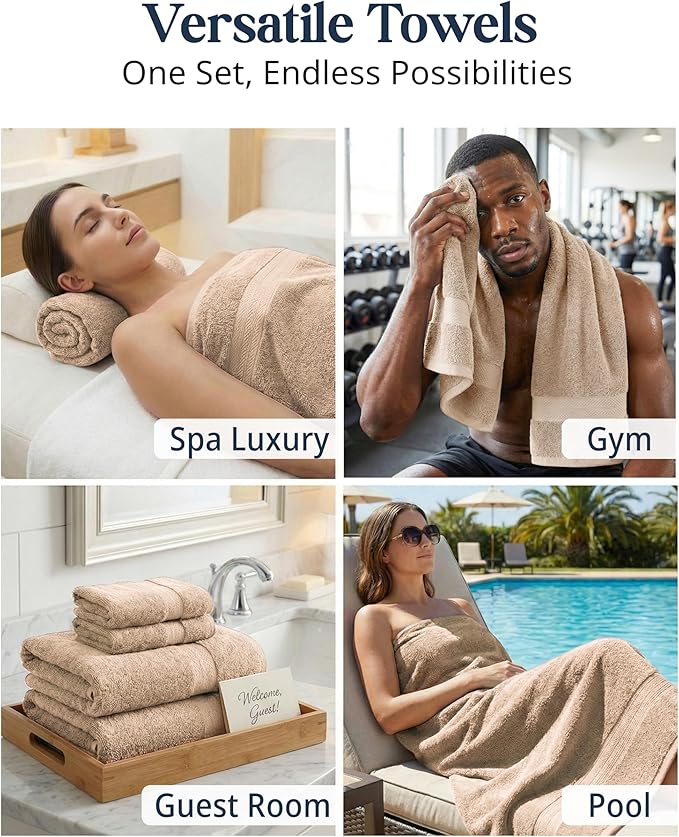Lane Linen 100% Cotton Towel Set for Bathroom - 24 PCs - Durable, Soft, Quick Dry & Absorbent Towels - 2 Bath Sheet, 4 Fingertip, 8 Washcloths, 4 Bath & 6 Hand Towels for Bathroom - Family Set - Beige