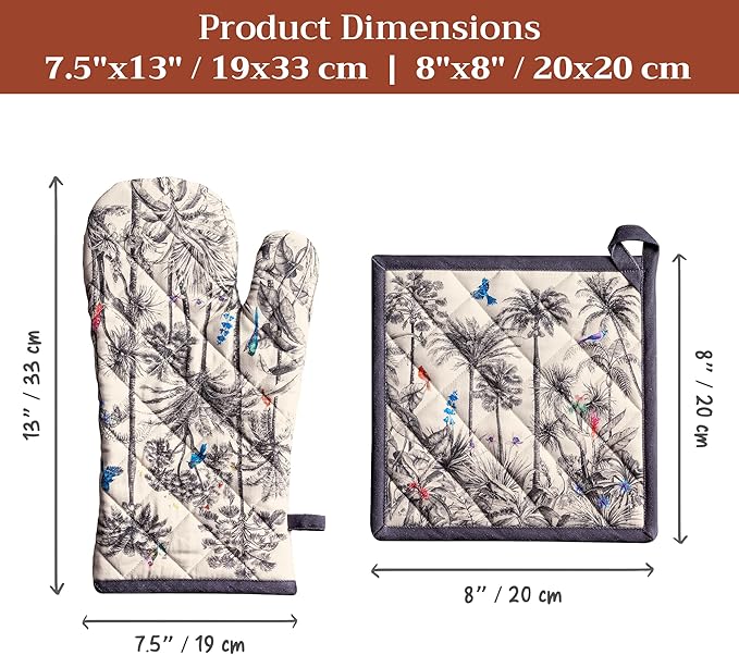 Maison d' Hermine 100% Cotton Oven Mitt & Pot Holder Set (7.5"x13" & 8"x8") Heat Resistant BBQ Cooking Gloves with Loop for Thanksgiving Christmas Decorations Handling Hot Pans (Amazonia)