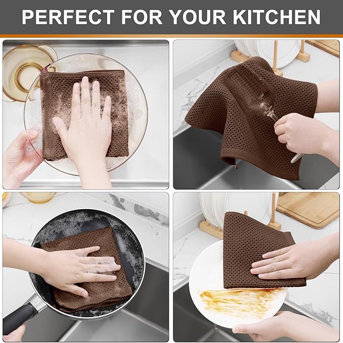 Kitinjoy 100% Cotton Kitchen Dish Cloths (12 X 12 Inches, Coffee), 6 Pack Waffle Weave Ultra Soft Absorbent Dish Towels for Drying Dishes Quick Drying Kitchen Towels Dish Rags
