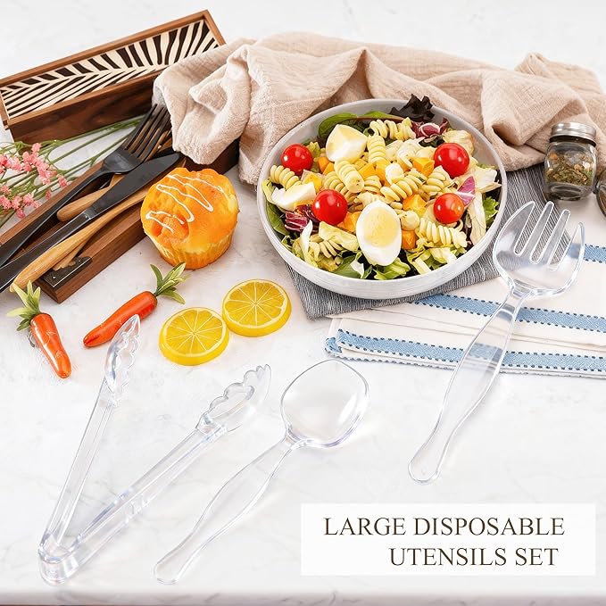 Mwellewm 48Pcs Plastic Serving Utensils Disposable Serving Spoons for Buffet Clear Forks Serving Tongs 8.5'' Heavy Duty Large Party Utensils Supplies for Restaurant Food Dinner Salad Noodles Soup