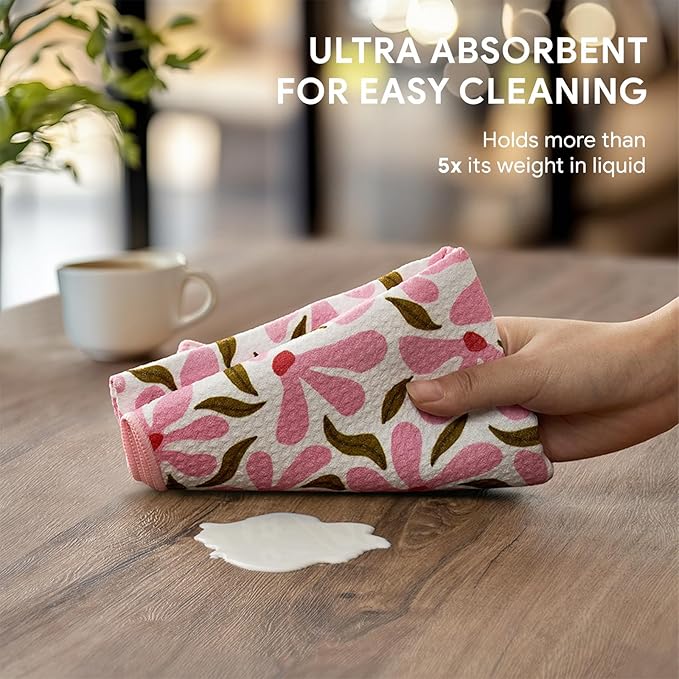 RECYCO Waffle Kitchen Towel Set of 2 - Quick Dry Microfiber Sustainable Dish Towels - Ultra Absorbent Reusable Cleaning Tea Towels - Lightweight Hand Towels,16”x 28”, Petal & Leaf