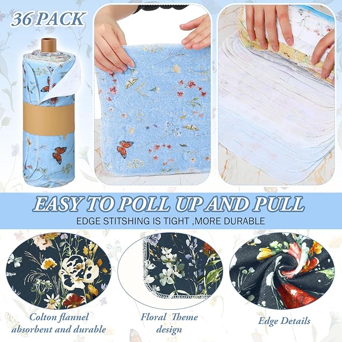 36 Pack Reusable Cleaning Cloths Washable Cotton Kitchen Dish Towels for Home Party Supplies Bulk, 9.84x11.81in (Rich Flowers)