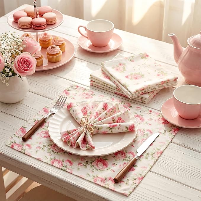Floral Cloth Napkins 6 Patterns Washable Dinner Tea Party Napkins Reusable Plant Flowers Square Napkin Cotton Towel Decorative for Spring Wildflower Party(Pink Rose,12 Pcs)