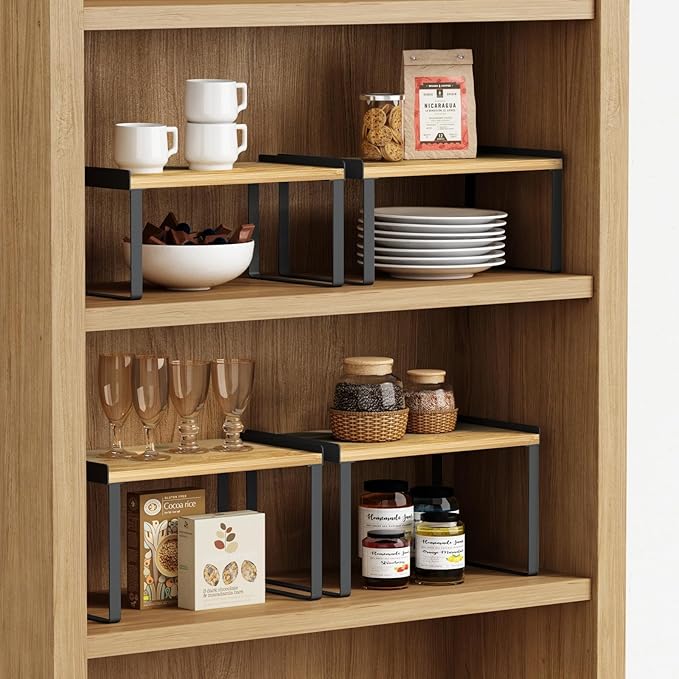 Goozii Kitchen Cabinet Organizer Shelf Set of 4, Pantry Organizers and Storage Shelves for Plates Dishes Cups Mugs, Cupboard Counter Cabinet Shelf Riser for Countertop (Bamboo Wood and Black Metal)