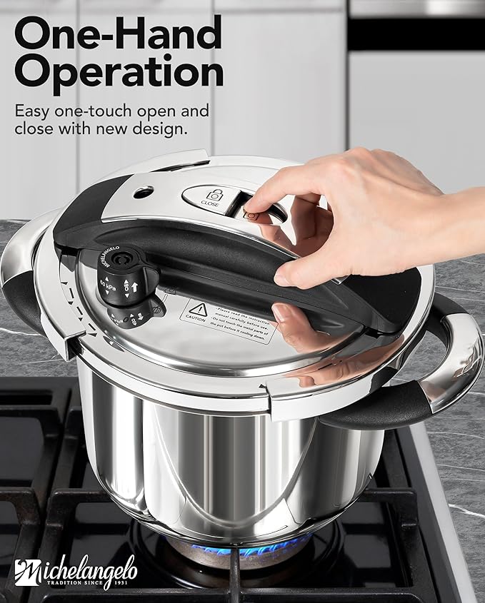 MICHELANGELO Stainless Steel Pressure Cooker 6.3 Quart, 3-in-1 Olla de Presion, One-Hand Locking System, Induction Compatible, with Glass Lid & Steamer
