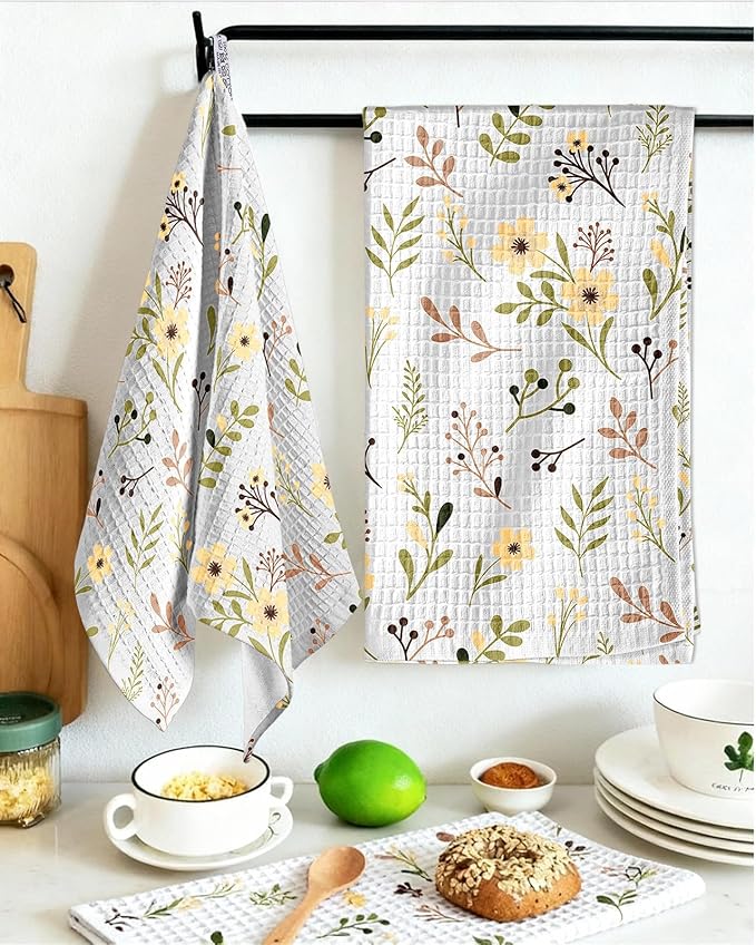 Miss Adola Cotton Waffle Kitchen Towels – Cute 370 GSM 16x25 Inch Terry Cloth Waffle Decorative Dishcloth for Kitchen Set of 2 with Hanging Loop Absorbent Hand Tea Towel for Home Design, Flower