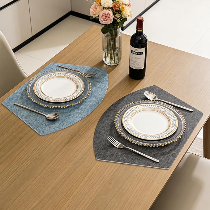 Round Table Placemats Set of 6, Dual-Sided Wedge Shape Faux Leather Table Mats, Washable Wipeable Heat Resistant Place Mats for Outdoor Indoor, Blue Gray