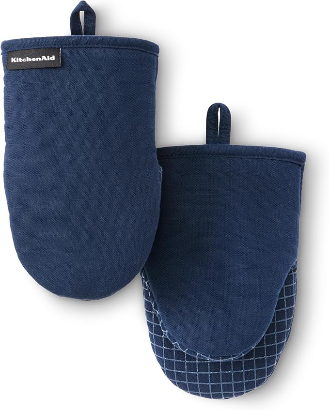 KITCHENAID Gourmet Series Gridlines Mini Oven Mitts 2-Pack Set, Heat Resistant up to 600°F, Soft Silicone Grip, Magnetic Cuff, Ink Blue, 5.5"x9"