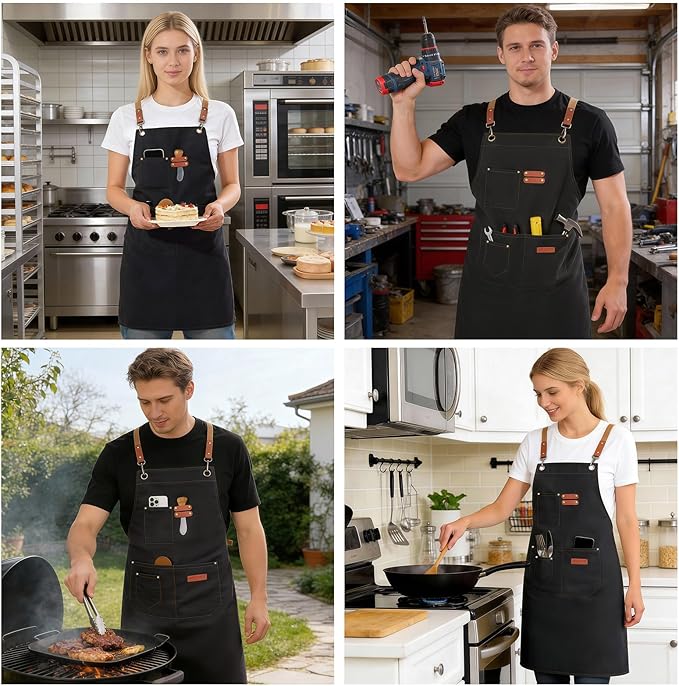 Chef Aprons for Men Women with 4 Large Pockets, Cotton Canvas Cross Back Adjustable Apron for Work grilling kitchen gardening