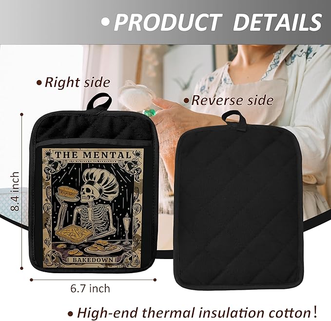 Gothic Skeleton Pot Holders with Pockets, Funny Baking Gifts Pot Holders Heat Resistant Oven Mitts Hot Pads for Kitchen Baking Cooking,Potholders for Kitchens