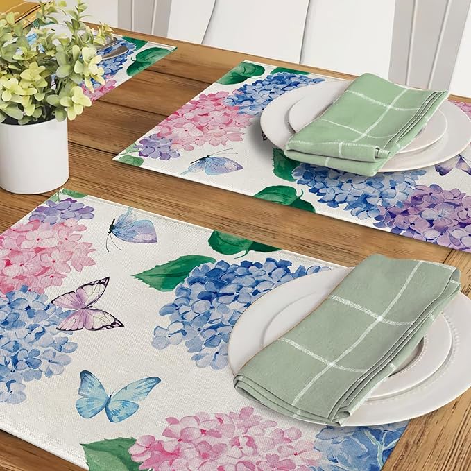 Spring Summer Hydrangea Placemats Set of 4, Pink Blue Purple Flower Butterfly Dining Place Mats Table Decor, Seasonal Floral Home Kitchen Decoration 12 x 18 Inch