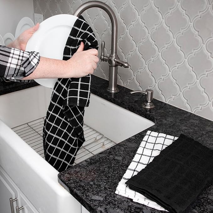 Ritz Premium 100% Cotton Terry Check Kitchen Dish Towels - Highly Absorbent, Super Soft, Long-Lasting, 25"x15", 3-Pack, Black
