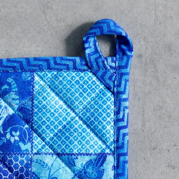 Maison d' Hermine Pot Holders 100% Cotton Heat Resistant Potholders 8" x 8" Hot Pads with Loop BBQ Cooking Baking Gifts for Mothers Day Handling Hot Pans Spring/Summer (Pack of 1, Indigo Love)