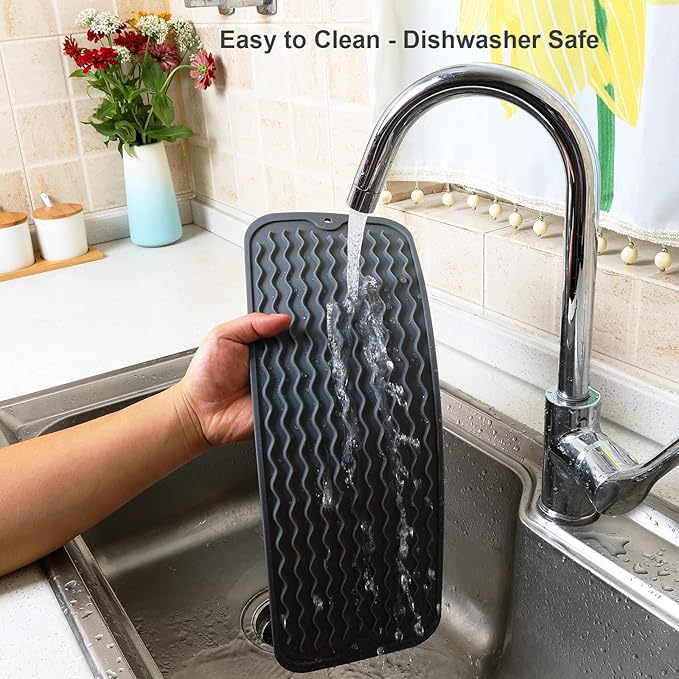 ZLR Silicone Sponge Holder & Sink Caddy Tray (6" x 17") - Narrow Dish Drying Mat for Kitchen Counter - Waterproof Soap Dispenser Organizer, Non-Slip Bathroom Vanity Tray (Dark Gray)