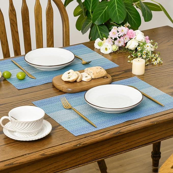 Bloss Blue Placemats Set of 6, Linen Woven Place Mats for Kitchen Table Indoor/Outdoor, 12" x 18" Washable Gradient Blue Placemat Dining Table Mats