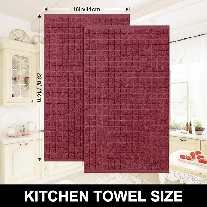 Homaxy Premium Cotton Kitchen Towels 16"x 28", Large Natural Ring Spun 390 GSM Dish Towels, Super Absorbent Terry Kitchen Hand Towels, Soft Tea Towels with Hanging Loop, Pure Red Design, 8 Pack