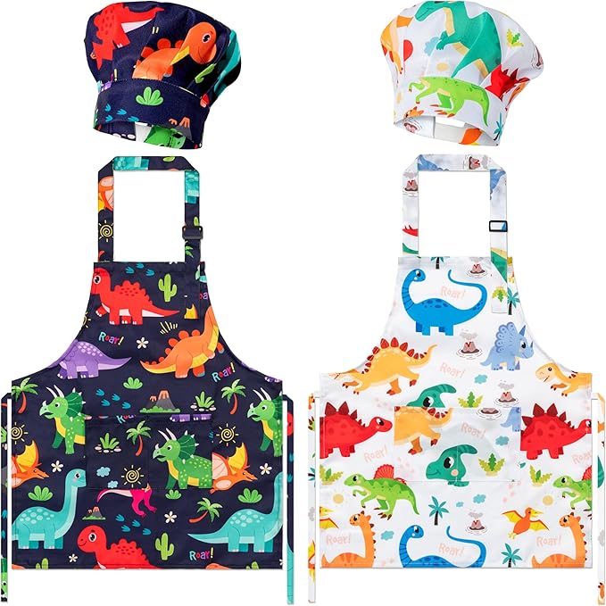 GROBRO7 4Pcs Kids Apron and Chef Hat Set Gift for Girls Boys, Dinosaurs World Adjustable Kitchen Toddler Aprons with 2 Pockets Waterproof Smocks for Baking Cooking Painting Training
