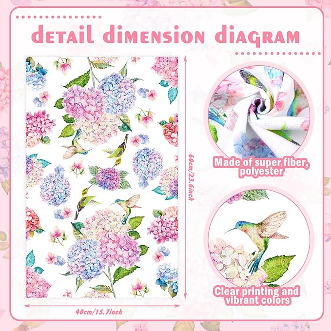 Oudain 6 Pcs Spring Kitchen Towels Decor Hydrangea Hummingbirds Floral Dish Hand Tea Towels Camper Towel Dish Drying Towel for Kitchen Spring Party Holiday Supply Bathroom Housewarming Gift