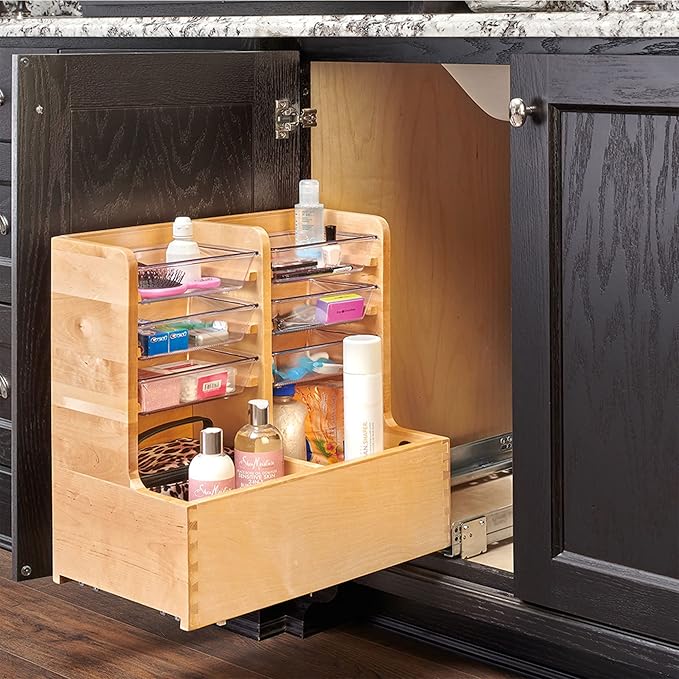 Rev-A-Shelf 30" Wood Vanity Sink Pull Out Organizer Cabinet Storage with Soft-Close for Kitchen or Bathroom, Maple Wood, 441-15VSBSC-1