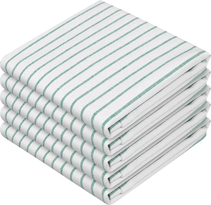 Sea Green Striped Kitchen Dish Towels (5-Pack), Quick Dry, Ultra Absorbent & Durable, 100% Cotton Classic Stripe Towels for Drying Dishes, Wiping, and Daily Kitchen Cleanup