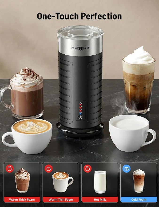 Stainless Steel Milk Frother, Waterproof & Fully Dishwasher Safe, 4 Modes for Hot/Cold Foam, Latte, Cappuccino, One-Touch Operation, Ergonomic Grip, Compact Coffee Maker