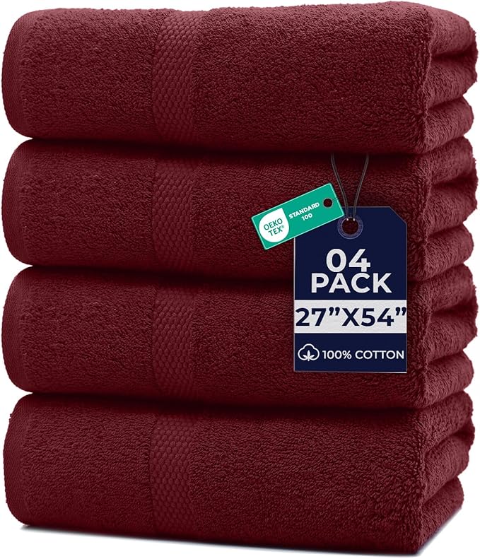 DAN RIVER Bath Towels Set of 4, 27 x 54 Inches, 100% Cotton, Larger & Lighter Weight, Quicker to Dry, Super Soft and Absorbent, Ideal Soft Bath Towels for Daily Use, Pomegrante