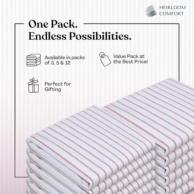 Burgundy Striped Kitchen Dish Towels (12-Pack), Quick Dry, Ultra Absorbent & Durable, 100% Cotton Classic Stripe Towels for Drying Dishes, Wiping, and Daily Kitchen Cleanup