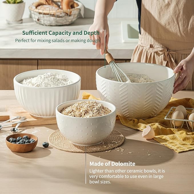 HAPPY KIT Ceramic Mixing Bowls Set, Nesting Bowls Set For Kitchen,Large 5/3/1.5 Quart Bowl Set of 3, Prep Serving Bowl for Baking and Mixing Salad,Oven, Microwave and Dishwasher Safe