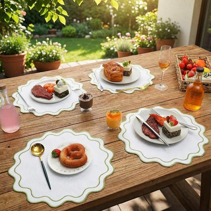 Set of 12 Cotton Linen Placemats, 15x15 Scalloped Flower Embroidery Cloth Table Mats Double Layered Fabric Washable Wrinkle Free Dining Placemat for Restaurant Kitchen Decor (White with Green)