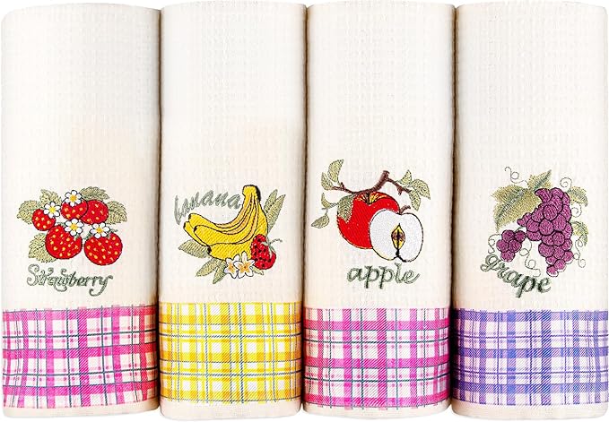 Lavien Home, Dish Towels for Kitchen, Turkish Cotton Waffle Weave Fruits Embroidered Washable Tea Towels with Plaid Housewarming Gift (Set of 4), 16 x 24 inches
