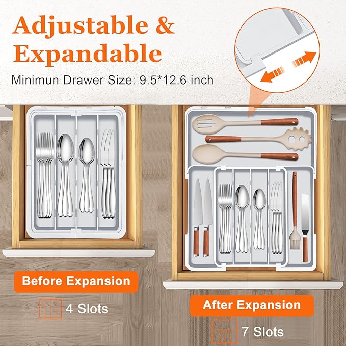 Spaclear Expandable Silverware Drawer Organizer - 7 Compartments BPA-Free Kitchen Utensil Tray, Adjustable 12.6”×9.5" to 19"×15.2", Cutlery Drawer Organizer, Gray