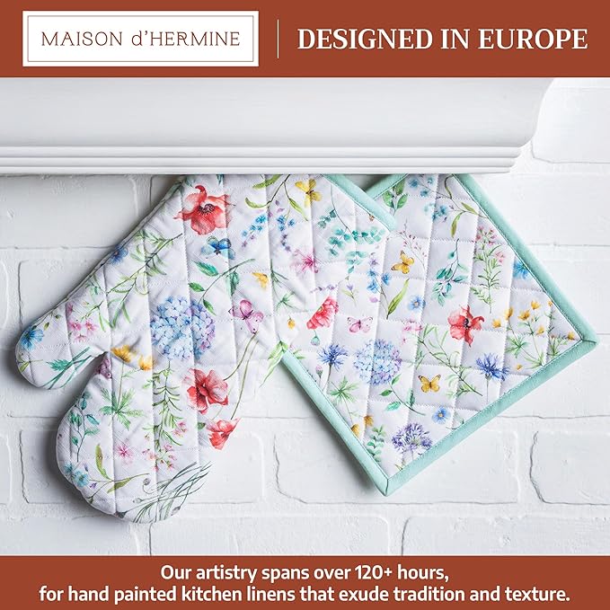 Maison d' Hermine 100% Cotton Oven Mitt & Pot Holder Set (7.5"x13" & 8"x8") Heat Resistant BBQ Cooking Gloves with Loop Baking Grilling Kitchen Gifts for Mothers Day Spring/Summer (Just Floral)
