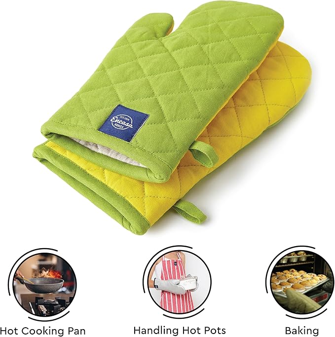 Encasa XO Heat Resistant Cotton Oven Gloves Mitts (2 Pc Set) - Quilted & Safe 12x6.6 in - for Kitchen, Cooking & Baking, Grilling, Handling Hot Pots & Pans - Lime Green