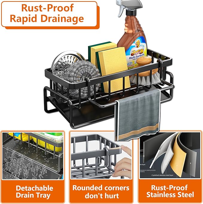 Kitchen Sink Organizer Caddy, Stainless Steel Sink Sponge Holder 30°Tilt Self-Drainage,Sponge Rack with Dish Brush Holder,Soap Dispenser for Kitchen Countertop Storage,9.1x4.1x3.5 Inch
