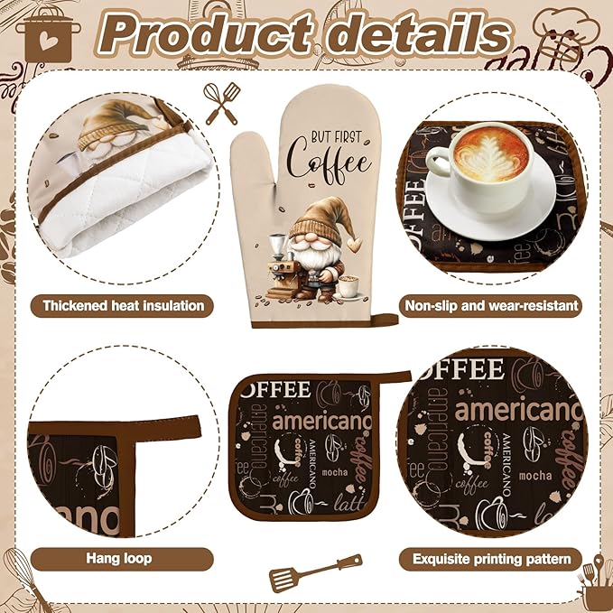 Fourluoo 8 Pcs Farmhouse Kitchen Decor and Accessories Set 4 Kitchen Dish Towels 2 Oven Mitt 2 Pot Holders for Christmas Cooking Baking Daughter Mom Gift Decor (Brown,Gnome)