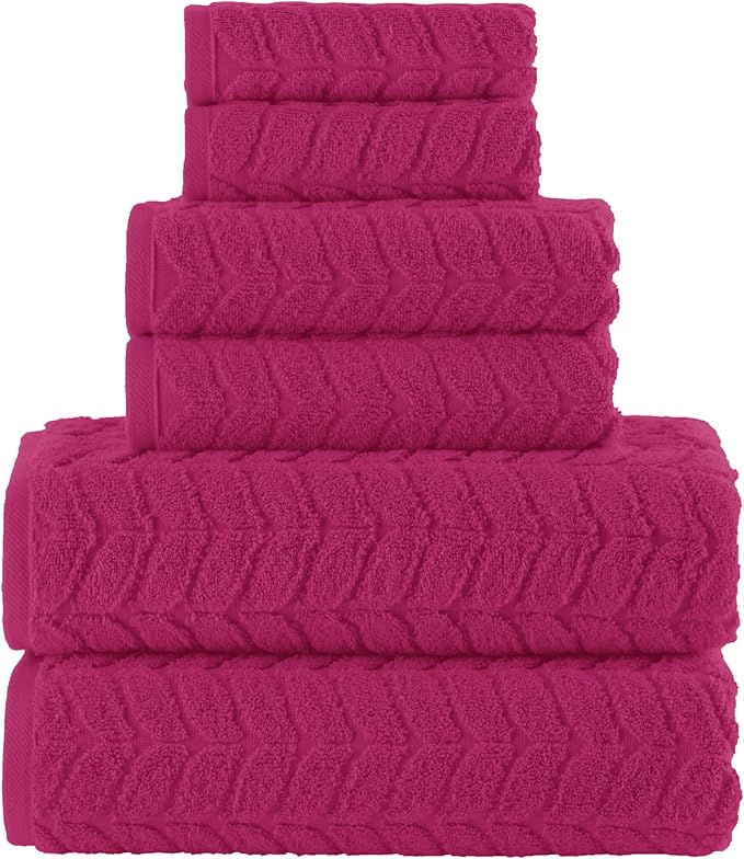 Elegant Comfort Luxury 6-Piece 100% Turkish Cotton Jacquard Braided Textured Premium Hotel Quality Towel Set– Soft and Absorbent, Includes 2 Bath Towels, 2 Hand Towels and 2 Washcloths, Hot Pink